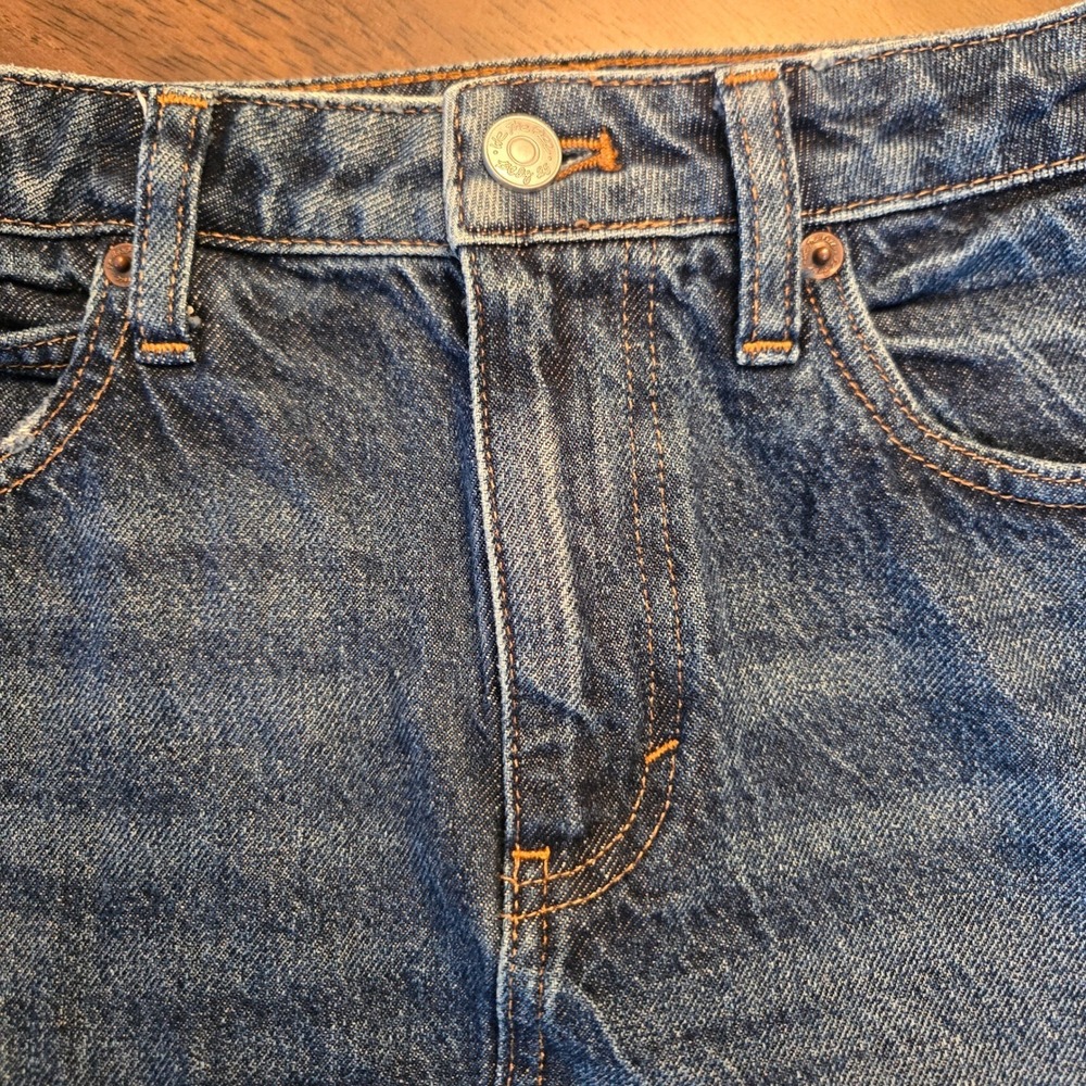 We The Free Free People Denim Mini Skirt Raw Fringe Hem Blue Size 25 High Waist - Picture 2 of 8
